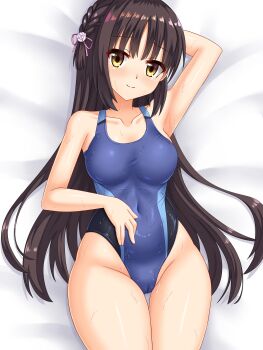 1girl alternate_costume arm_behind_head armpits bare_arms bare_shoulders bed_sheet black_hair blue_one-piece_swimsuit blush braid breasts cafe_stella_to_shinigami_no_chou cameltoe closed_mouth collarbone commentary_request competition_swimsuit covered_navel cowboy_shot flower furrowed_brow groin hair_between_eyes hair_flower hair_ornament hair_ribbon hair_spread_out hand_on_own_stomach highleg highleg_one-piece_swimsuit highres long_hair looking_at_viewer lying medium_breasts on_back one-piece_swimsuit paid_reward_available pink_ribbon ribbon rose shiki_natsume shiny_skin side_braid smile solo split_mouth straight_hair swimsuit tamba_i thigh_gap thighs variant_set very_long_hair wet wet_clothes wet_swimsuit white_flower white_rose yellow_eyes