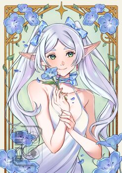 1girl art_nouveau bare_arms bare_shoulders beneceadraws blue_bow blue_choker blue_flower blue_petals bow breasts choker closed_mouth commentary dress earrings elf english_commentary falling_leaves falling_petals flower forget-me-not_(flower) frieren gold_border green_background green_eyes grey_hair hair_bow holding holding_flower holding_own_wrist jewelry leaf light_blush long_hair medium_breasts parted_bangs petals pointy_ears ribbon_choker sleeveless sleeveless_dress smile solo sousou_no_frieren thick_eyebrows twintails upper_body white_dress