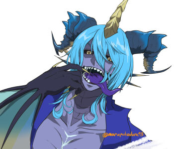 1boy arm_fins black_sclera blue_hair collarbone colored_sclera colored_skin colored_tongue commentary_request deep_blue_(ff14) final_fantasy final_fantasy_xiv fingernails fins fish_boy grey_skin hair_between_eyes horns looking_at_viewer male_focus marupokodon medium_hair monster_boy open_mouth purple_tongue sharp_fingernails sharp_teeth simple_background solo teeth tongue tongue_out twitter_username upper_body white_background yellow_eyes