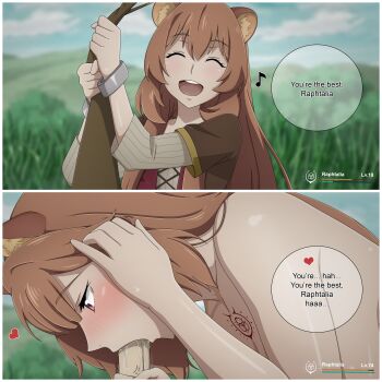 1boy 1girl absurdres animal_ears before_and_after chest_tattoo completely_nude english_text fellatio hetero highres iwatani_naofumi level_up long_hair multiple_views non-web_source nude oral penis raccoon_ears raccoon_girl raphtalia rosenrot03 slave slave_brand smile speech_bubble tate_no_yuusha_no_nariagari tattoo