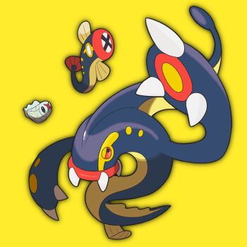 animal_focus claws commentary_request eel eelektrik eelektross evolutionary_line fangs full_body gen_5_pokemon highres nintendo no_humans open_mouth pokemon pokemon_(creature) pokemon_focus rariru_rero_1 simple_background tynamo yellow_background