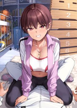 1boy 1girl anatatachi_soredemo_sensei_desu_ka! ball basketball_(object) black_leggings blush breasts brown_eyes brown_hair commentary_request girl_on_top grin gym_storeroom hair_between_eyes highres indoors ishizaka_ryuudai jacket large_breasts leggings long_sleeves looking_at_viewer mat midriff navel open_clothes open_jacket pants pink_jacket pink_shoes pov shoes smile sneakers solo_focus sports_bra straddling sweat takahashi_(anatatachi_soredemo_sensei_desu_ka!) track_jacket track_pants track_suit vaulting_horse volleyball_(object) whistle whistle_around_neck white_jacket white_pants white_sports_bra