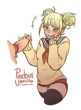 1boy 1girl a_pinch_of_vanilla blonde_hair blush boku_no_hero_academia cardigan evil_grin evil_smile femdom grin hair_bun highres orgasm_denial penis precum smile teeth thighhighs tied_penis toga_himiko