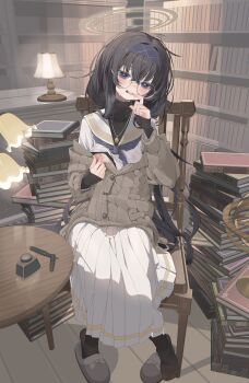 1girl absurdres black_hair black_shirt black_socks blue_archive blush book breasts brown_cardigan brown_slippers cardigan chair clothes_lift drooling grabbing_own_breast hair_between_eyes hairband heart heart-shaped_pupils highres jewelry library long_hair long_skirt looking_at_viewer necklace nipple_stimulation on_chair open_mouth purple_eyes purple_hairband purple_ribbon ribbon sailor_collar saliva_on_hand shirt shirt_lift sidelocks skirt sleeves_past_wrists slippers socks sweatdrop symbol-shaped_pupils turtleneck turtleneck_shirt ui_(blue_archive) white_sailor_collar white_shirt white_skirt yoru_uyo