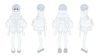 1other absurdres bad_source black_eyes blue_hair boots choker closed_mouth flat_color from_behind from_side full_body highres indie_virtual_youtuber jacket messy_hair multiple_views official_art oversized_jacket pale_skin platform_boots profile reference_sheet short_hair sleeves_tied_together solid_circle_pupils straight-on thigh_boots white_background white_boots white_jacket yukue_fumei zipper