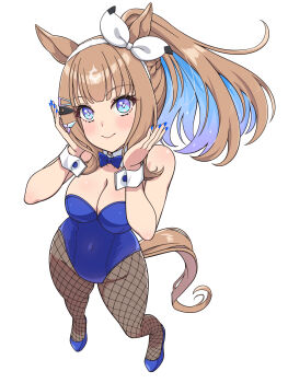 +_+ 1girl almond_eye_(umamusume) animal_ears blue_bow blue_bowtie blue_eyes blue_leotard blue_nails blush bow bow_hairband bowtie braid breasts brown_hair cleavage closed_mouth colored_inner_hair commentary_request detached_collar fishnet_pantyhose fishnets hair_between_eyes hair_ornament hairband hairclip highres horse_ears horse_girl horse_tail large_breasts leotard long_hair looking_at_viewer minazuki_minao multicolored_hair pantyhose playboy_bunny ponytail shoes smile solo symbol-shaped_pupils tail umamusume white_hairband white_wrist_cuffs wrist_cuffs x-shaped_pupils