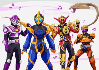 1girl 3boys armor blue_eyes cobra_(animal) cobra_genome core_medal evol_cobra evol_driver flute fullbottle gloves highres holding holding_weapon instrument kamen_rider kamen_rider_build_(series) kamen_rider_evol kamen_rider_jeanne kamen_rider_ooo kamen_rider_ooo_(burakawani_combo) kamen_rider_ooo_(series) kamen_rider_ouja kamen_rider_revice kamen_rider_ryuki_(series) libera_driver multiple_boys musical_note o_medal ooo_driver orange_armor orange_gloves otokamu purple_armor red_armor snake staff summoning sword trait_connection v_buckle venosaber weapon