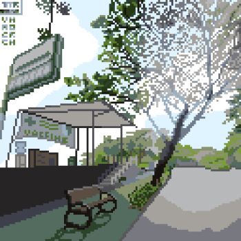 bench billboard blue_sky cloud cloudy_sky hedge highres hill no_humans original path pixel_art plant road scenery shelter sky tomoruka_mr tree