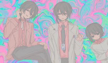 1boy abstract_background aged_down black_eyes black_hair black_necktie black_pants child chinese_commentary closed_mouth collared_shirt colorful_background commentary_request film_grain hand_on_own_knee highres invisible_chair jacket lab_coat lanyard lapels long_sleeves male_focus medium_hair mo_chengwei mole mole_under_eye multiple_views neck_ribbon necktie notched_lapels object_in_pocket open_clothes open_jacket open_mouth pants pen_in_pocket pink_jacket pink_shirt pocket ribbon shirt short_hair shuru_shenme_mingzi sitting smile striped_clothes striped_shirt sweater touqi_guaitan variant_set vertical-striped_clothes vertical-striped_shirt wavy_background white_ribbon white_sweater