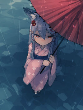 1girl animal_ears bad_id bad_tumblr_id bee_(deadflow) bell concon-collector female_focus fox_ears hair_bell hair_flaps hair_ornament japanese_clothes jingle_bell kimono long_hair looking_at_viewer oil-paper_umbrella original rain red_eyes silver_hair smile solo umbrella