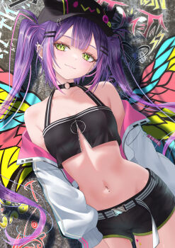 1girl :3 absurdres bare_shoulders baseball_cap belt bibi_(tokoyami_towa) black_choker black_hat black_shirt black_shorts breasts choker closed_mouth commentary_request cowboy_shot crop_top cropped_jacket ear_piercing fake_horns green_eyes hair_ornament hairclip halterneck hat highres hololive horned_headwear horns jacket long_hair long_sleeves looking_at_viewer midriff multicolored_hair nanaki24 navel navel_piercing off_shoulder open_clothes open_jacket piercing pointy_ears purple_hair shirt short_shorts shorts sidelocks sleeveless sleeveless_shirt small_breasts smile solo stomach streaked_hair tokoyami_towa tokoyami_towa_(1st_costume) twintails very_long_hair virtual_youtuber white_jacket