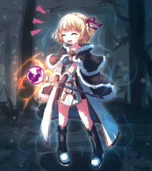 1girl ^_^ blonde_hair boots braid brown_boots closed_eyes dress fantasy female_focus high_wizard_(ragnarok_online) kathryne_keyron ragnarok_online ribbon solo standing two-tone_dress wand yakka