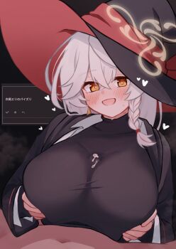 1boy 1girl blue_archive blush bow bowtie braid censored clothed_paizuri cum eri_(blue_archive) halo hat heart highres hijikata jacket long_coat long_hair open_clothes open_shirt orange_eyes paizuri paizuri_under_clothes penis shirt sweat sweater white_hair witch_hat