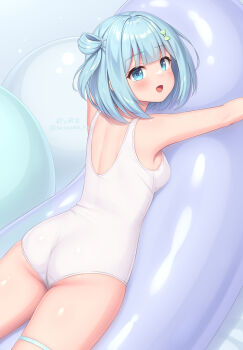 1girl :d aqua_hair ass balloon blue_eyes blunt_bangs blush breasts commentary cowboy_shot hair_ornament highres hugging_object looking_at_viewer lying on_stomach one-piece_swimsuit open_mouth original sasaame small_breasts smile solo swimsuit untranslatable_commentary white_one-piece_swimsuit