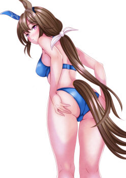 1girl absurdres admire_vega_(umamusume) alternate_costume animal_ears ass bikini blue_bikini brown_hair commentary_request ear_covers from_behind hagesan3345 hair_ribbon highres horse_ears horse_girl horse_tail long_hair looking_at_viewer ribbon simple_background single_ear_cover solo standing swimsuit tail umamusume white_background white_ribbon