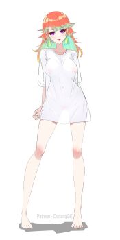 1girl artist_name breasts colored_inner_hair covered_erect_nipples dadangge earrings full_body gradient_hair green_hair highres hololive hololive_english jewelry large_breasts long_hair multicolored_hair orange_hair oversized_clothes oversized_shirt purple_hair shirt solo standing takanashi_kiara virtual_youtuber white_shirt
