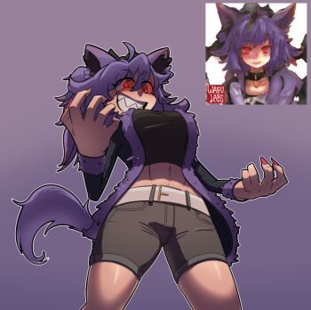 1girl abs animal_ear_fluff animal_ears belt black_shirt breasts bright_pupils crop_top derivative_work drawfag fangs fingernails fox_ears from_below fur-trimmed_jacket fur-trimmed_sleeves fur_trim glowing glowing_eyes gradient_background grey_pants grin hair_between_eyes jacket legs_apart multiple_views nail_polish navel original painting_(medium) pants purple_background purple_hair purple_tail purple_trim red_eyes red_nails redrawn reference_photo reference_work shiny_skin shirt shorts smile tail traditional_media waifulabs watercolor_(medium)