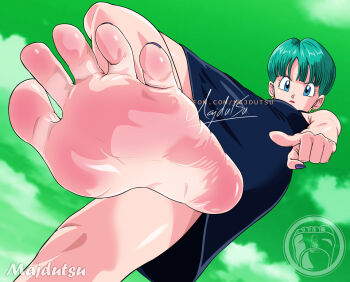 1girl barefoot blue_eyes bulma cloud dragon_ball dragon_ball_(classic) dress earrings feet foot_focus foreshortening green_hair jewelry majdutsu nail_polish sensitive short_hair soles solo toenail_polish toenails toes