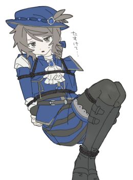 1boy arms_behind_back ascot black_pantyhose blue_jacket blue_shorts boots bound bound_arms bound_legs brown_hair edgar_valden edgar_valden_(runaway) full_body green_eyes hat hat_feather highres identity_v jacket knee_boots long_sleeves looking_at_viewer male_focus open_mouth pantyhose rope shorts simple_background tied_up_(nonsexual) u0el_t white_ascot white_background