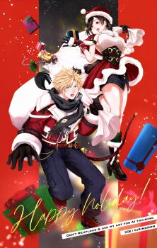 1boy 1girl artist_name belt black_boots black_gloves black_hair black_scarf blonde_hair blue_eyes blue_pants blush boots box breasts breath candy candy_cane capelet christmas christmas_present cloud_strife cloud_strife_(holiday_outfit) commentary denim denim_skirt english_commentary final_fantasy final_fantasy_vii final_fantasy_vii:_ever_crisis food full_body fur-trimmed_boots fur-trimmed_capelet fur-trimmed_headwear fur-trimmed_jacket fur-trimmed_skirt fur_trim gift gift_box gloves hair_ornament happy_holidays hat hat_ornament highres holding holding_sack holly_hat_ornament jacket kirinomon large_breasts long_hair low-tied_long_hair miniskirt official_alternate_costume open_mouth pants pom_pom_(clothes) pom_pom_hair_ornament red_belt red_boots red_capelet red_eyes red_hat red_jacket red_skirt sack santa_costume santa_hat scarf short_hair skirt sleeveless sleeveless_turtleneck spiked_hair sweater thighs tifa_lockhart tifa_lockhart_(fairy_of_the_holy_flame) turtleneck turtleneck_sweater white_sweater