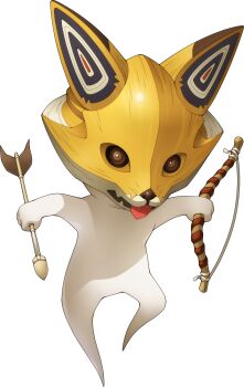 animal_ears arrow_(projectile) bow_(weapon) chironnupu_(megami_tensei) demon_(megami_tensei) doi_masayuki fox fox_ears highres holding holding_arrow holding_bow_(weapon) holding_weapon no_humans official_art shin_megami_tensei shin_megami_tensei_iv_final solo third-party_source tongue tongue_out transparent_background weapon