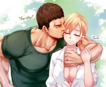 Rule 34 | 1boy, 1girl, artist name, beard stubble, black hair, blonde hair, breasts, chris redfield, closed eyes, facial hair, green shirt, jill valentine, kiss, nagare, resident evil, resident evil 5, shirt, smile, stubble, white shirt
