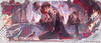 1other 4boys absurdres animal animal_on_shoulder beads belt bird bird_on_shoulder black_belt blonde_hair bouquet brown_coat brown_gloves brown_hair brown_pants brown_shoes bush closed_eyes closed_mouth coat curtains dress_shoes expressionless eyelashes falling_feathers feathers fire flower flower_bush gloves happy_birthday highres holding holding_ribbon kiss kissing_hand kneeling lace lace_trim lapels leaf long_hair long_sleeves looking_at_another looking_down medium_hair multiple_boys nokoya notched_lapels on_one_knee one_eye_covered original oxfords pants pillar profile red_eyes red_flower red_gloves red_ribbon red_rose ribbon rose rose_bush scissors shoes sitting stairs standing star_(symbol) tassel two-sided_coat two-sided_fabric white_feathers white_flower