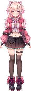 1girl absurdres animal_ear_headphones animal_ears ankle_boots aqua_nails arms_at_sides black_boots black_choker black_gloves blonde_hair boots breasts brown_skirt brown_thighhighs cat_ear_headphones cat_ears choker cleavage_cutout closed_mouth clothing_cutout collared_shirt cropped_shirt drawstring fake_animal_ears fang fingerless_gloves fold-over_boots full_body gloves gradient_hair headphones heart_cutout highres hood hood_down hooded_jacket jacket lace-up_boots long_hair long_sleeves looking_at_viewer medium_breasts momose_nina multicolored_hair nail_polish navel neck_ribbon o-ring o-ring_thigh_strap official_art open_clothes open_jacket pink_eyes pink_hair pink_jacket pink_nails pink_ribbon pleated_skirt project_nebula ribbon shirt simple_background skirt solo standing tachi-e thigh_strap thighhighs toki_(toki_ship8) transparent_background virtual_youtuber white_shirt
