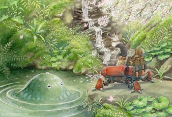 1other backpack bag belt_pouch black_jacket brown_pants bug butterfly cherry_blossoms commentary_request externally_piloted_mecha falling_petals flower flower_on_head furry goggles goggles_on_head grey_shirt highres insect jacket looking_at_another mecha original outdoors pants petals pink_butterfly pink_flower pink_petals pond pouch rabbit ripples robot shirt sleeveless sleeveless_jacket slime_(creature) stream tama_(amedamadou) twitter_username walker_(robot)