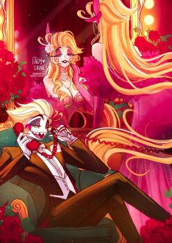 Rule 34 | 1boy, 1girl, adylaineart, blonde hair, blush stickers, commentary, couple, demon boy, demon girl, english commentary, english text, hair slicked back, hazbin hotel, hellaverse, hetero, highres, husband and wife, lilith (hazbin hotel), looking at another, lucifer morningstar (hazbin hotel)