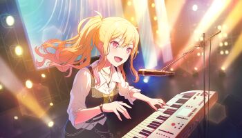 1girl :d blonde_hair blurry blush bokeh bracelet collared_shirt colorful_palette depth_of_field find_the_dream_view_(project_sekai) game_cg gradient_hair hair_between_eyes highres instrument jewelry keyboard_(instrument) microphone multicolored_hair music necklace official_art open_mouth pink_eyes pink_hair playing_instrument project_sekai shirt smile solo star_(symbol) star_necklace tenma_saki third-party_source tongue twintails white_shirt