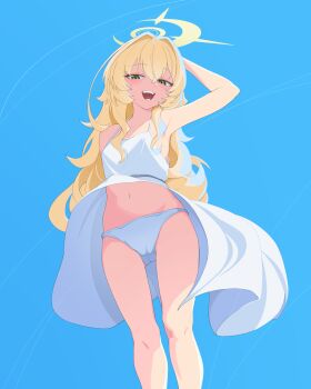 1girl :d absurdres alternate_costume armpits blue_archive blue_background breasts cameltoe clothes_lift commentary_request dress dress_lift feet_out_of_frame fluffy_hair from_below gluteal_fold green_eyes hair_between_eyes hair_intakes halo hand_up highres long_hair looking_at_viewer mandara3a naughty_face navel open_mouth panties pantyshot professor_niyaniya_(blue_archive) sidelocks simple_background sleeveless sleeveless_dress small_breasts smile solo standing sundress teeth tsurime underwear very_long_hair white_dress white_panties wind wind_lift yellow_halo