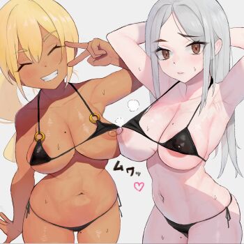 2girls ^_^ areola_slip armpits arms_behind_head bikini black_bikini blonde_hair blush breasts brown_hair closed_eyes commentary_request dark-skinned_female dark_skin gatchan grey_hair grin highres large_breasts long_hair micro_bikini mole mole_on_breast multiple_girls navel nipple_slip nipples original paid_reward_available parted_bangs ponytail smile sweat swimsuit v