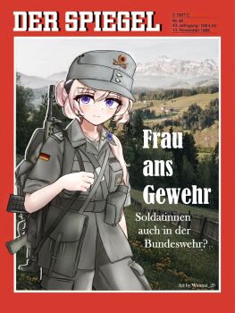 1girl absurdres alternate_costume alternate_hairstyle artist_name battle_rifle belt blonde_hair blue_flower boutonniere bundeswehr cold_war collared_jacket collared_shirt commentary cornflower cover cross cross_necklace english_commentary field_cap flower flower_request g3_(girls'_frontline) german_flag german_text germany girls'_frontline green_jacket green_pants green_shirt gun h&amp;k_g3 hair_between_eyes hat highres jacket jewelry long_sleeves looking_at_viewer magazine_(weapon) magazine_cover military_hat military_uniform necklace pants photo_background pouch purple_eyes rifle shirt shoulder_strap sleeves_rolled_up smile standing thick_eyebrows translated weapon weimar_29