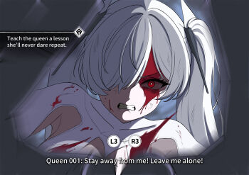 1girl angry artist_request blood blood_on_face bodysuit breasts cinderella_(nikke) clenched_teeth gameplay_mechanics gloves god_of_war goddess_of_victory:_nikke hair_ornament highres large_breasts leotard long_hair looking_at_viewer parody red_eyes solo_focus style_parody teeth twintails very_long_hair white_hair