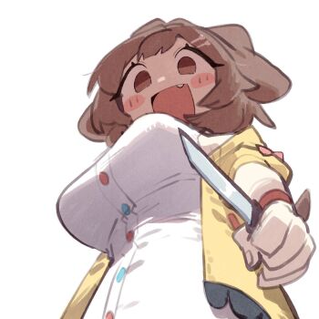 1girl animal_ears blush_stickers breasts brown_eyes brown_hair cocomayo29_(tomato) dog_ears dog_girl dog_tail dress fang from_below holding holding_knife hololive inugami_korone inugami_korone_(1st_costume) jacket knife looking_at_viewer looking_down open_mouth simple_background solo tail virtual_youtuber white_background white_dress yellow_jacket