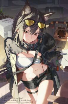 1girl antique_phone arknights arknights:_endfield black_gloves black_hair black_shorts breasts brown_eyes cleavage closed_mouth commentary_request crop_top esuma_gt eyewear_on_head gloves hair_between_eyes hand_fan highres holding holding_fan indoors inkwell lady_boss_(arknights) light_smile long_hair long_sleeves medium_breasts midriff navel open_fly paper paper_stack partial_commentary short_shorts shorts solo standing table tassel thigh_strap tinted_eyewear watermark yellow-tinted_eyewear zipper_pull_tab