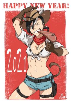 1girl 2021 animal_print bikini black_hair brown_gloves commentary_request cow_print cow_print_bikini cross cross_necklace food gloves happy_new_year highres horned_hat iwado_anna jewelry kamezaemon multicolored_hair necklace new_year one_eye_closed original print_bikini shorts solo steak streaked_hair swimsuit