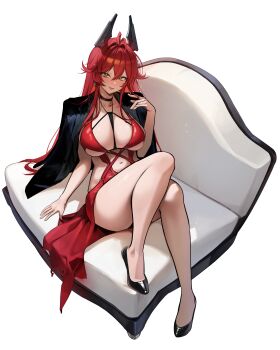 Rule 34 | 1girl, between breasts, black choker, blazer, blush, breasts, choker, daehoak, double-parted bangs, dress, evening gown, full body, goddess of victory: nikke, hair between eyes, highres, horns, jacket, jacket on shoulders, knees up, large breasts, legs, mechanical horns, navel, official alternate costume, red dress, red hood (nikke), red hood (nonsense red) (nikke), shoes, simple background, sitting, solo, strap between breasts, white background