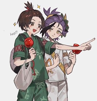 2boys bag black_hair brown_eyes brown_hair candy_apple commentary florian_(pokemon) food grey_background holding japanese_clothes kieran_(pokemon) male_focus mask mask_on_head multiple_boys nintendo open_mouth pointing pokemon pokemon_sv pokesol_1083 purple_hair short_sleeves simple_background smile sparkle symbol-only_commentary topknot yellow_eyes