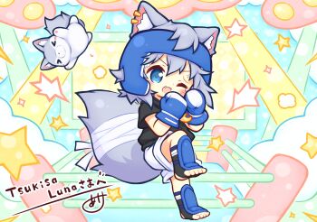 1girl ;d absurdres aikei_ake animal animal_ear_fluff animal_ears bandaged_tail black_shorts black_socks blue_eyes blush boxing_gloves boxing_headgear boxing_ring chibi commission crescent ear_piercing fang full_body grey_hair hands_up highres kneehighs no_shoes one_eye_closed open_mouth original piercing second-party_source short_sleeves shorts skeb_commission smile socks solo star_(symbol) stirrup_legwear tail toeless_legwear wolf wolf_ears wolf_girl wolf_tail