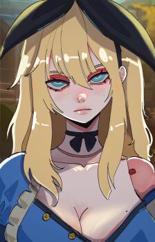 1girl alice&#039;s_adventures_in_wonderland alice_(alice_in_wonderland) basedbinkie blonde_hair blue_eyes breasts check_copyright cleavage close-up copyright_request dress expressionless eyeshadow highres long_hair looking_at_viewer makeup ribbon solo