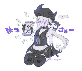... 1girl abyssal_ship amputee black_gloves black_hat black_ribbon black_sailor_collar black_skirt colored_skin commentary_request destroyer_princess double_amputee gloves grey_hair grey_skin hair_between_eyes hair_ribbon hat highres holding horned_hat kantai_collection long_hair oso_(toolate) pale_skin purple_eyes ribbon sailor_collar side_ponytail sitting skirt sleeveless solo spoken_ellipsis sweat torn_ribbon translation_request twitter_username