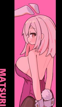 Rule 34 | 1girl, absurdres, animal ears, arms behind back, bare arms, bare back, bare shoulders, black pantyhose, blush, breasts, brown eyes, character name, commentary, cowboy shot, detached ears, from behind, highres, large breasts, leotard, long hair, looking at viewer, looking back, onii-chan wa oshimai!, oyama matsuri, pantyhose, pillarboxed, pink background, pink hair, playboy bunny, rabbit ears, rabbit tail, red leotard, simple background, smile, solo, strapless, strapless leotard, tail, tsubatya, wrist cuffs