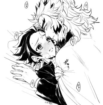 Rule 34 | 2boys, bed sheet, blush, breath, cape, clothes grab, commentary request, demon slayer uniform, earrings, fingernails, forked eyebrows, full-face blush, greyscale, hashimoto (yanagi-momo), heart, heart-shaped pupils, heavy breathing, implied sex, jacket, japanese clothes, jewelry, kamado tanjirou, kimetsu no yaiba, long hair, long sleeves, looking at another, lying, lying on person, male focus, missionary, monochrome, multicolored hair, multiple boys, nose blush, on back, on bed, parted lips, pillow, profile, rengoku kyoujurou, scar, scar on face, scar on forehead, simple background, speech bubble, streaked hair, sweat, symbol-shaped pupils, tears, thick eyebrows, two-tone hair, upper body, white background, yaoi