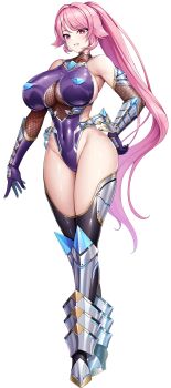 1girl armor bare_shoulders breasts curvy elbow_gloves full_body gloves hand_on_own_hip highleg highleg_leotard horns huge_breasts impossible_clothes impossible_leotard leotard lilith-soft long_hair nagiriin_ryou official_art pink_hair purple_leotard revealing_clothes shiny_skin skin_tight standing taimanin_(series) taimanin_rpgx taimanin_suit thong_leotard transparent_background wide_hips yuumaru_(you-mya)