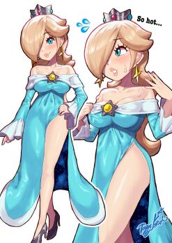 1girl artist_name blue_eyes blush breasts cleavage clothes_pull covered_navel curvy dress dress_pull feet hair_over_one_eye hand_on_own_hip high_heels highres large_breasts legs long_hair looking_at_viewer mario_(series) nail_polish nintendo no_bra no_panties parted_lips pulling_own_clothes rosalina smile solo super_mario_galaxy sweat thighs toggy_keiichi top_pull