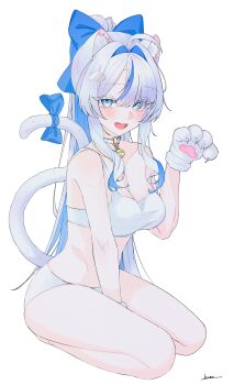 1girl absurdres alternate_costume animal_ear_fluff animal_ears animal_hands between_legs blue_bow blue_eyes blush bow bra breasts cat_ears cat_girl cat_tail character_request cleavage cloud_hair_ornament collar colored_inner_hair commentary_request copyright_request eyes_visible_through_hair fang full_body gloves grey_hair grey_tail hair_bow hair_ornament hair_over_one_eye hand_between_own_legs hand_up highres korean_commentary long_bangs looking_at_viewer multicolored_hair necktie o-ring_collar open_mouth panties parted_bangs paw_gloves seiza simple_background sitting smile solo tail tail_bow tail_ornament underwear underwear_only vini_(frisco) white_background white_bra white_collar white_panties