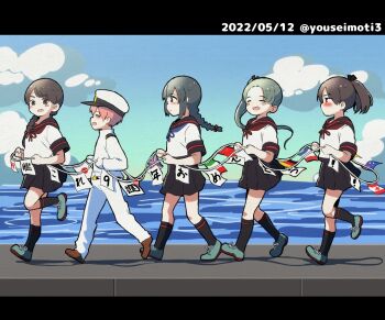 1boy 4girls admiral_(kancolle) ayanami_(kancolle) ayanami_kai_ni_(kancolle) black_hair black_sailor_collar black_skirt black_socks braid brown_hair green_hair hat isonami_(kancolle) isonami_kai_ni_(kancolle) kantai_collection kneehighs little_boy_admiral_(kancolle) long_hair military military_uniform miniskirt mochisaka_mitsuki multiple_girls naval_uniform peaked_cap pleated_skirt ponytail sailor_collar school_uniform serafuku shikinami_(kancolle) shikinami_kai_ni_(kancolle) short_sleeves side_ponytail sidelocks single_braid skirt socks uranami_(kancolle) uranami_kai_ni_(kancolle)