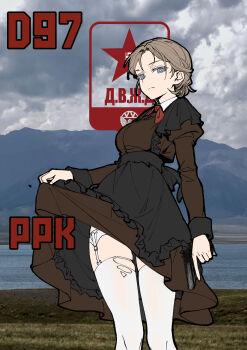 1girl absurdres apron black_apron blonde_hair blue_eyes commentary english_commentary erika_(sebastian_z) garter_straps gun handgun highres necktie original red_necktie red_star school_uniform sebastian_z short_hair soviet soviet_school_uniform star_(symbol) thighhighs walther walther_ppk weapon white_thighhighs